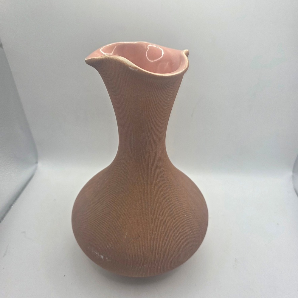 Vintage West Germany 963 Pottery Vase Pink Ribbed Wavy Rim Mid Century MCM